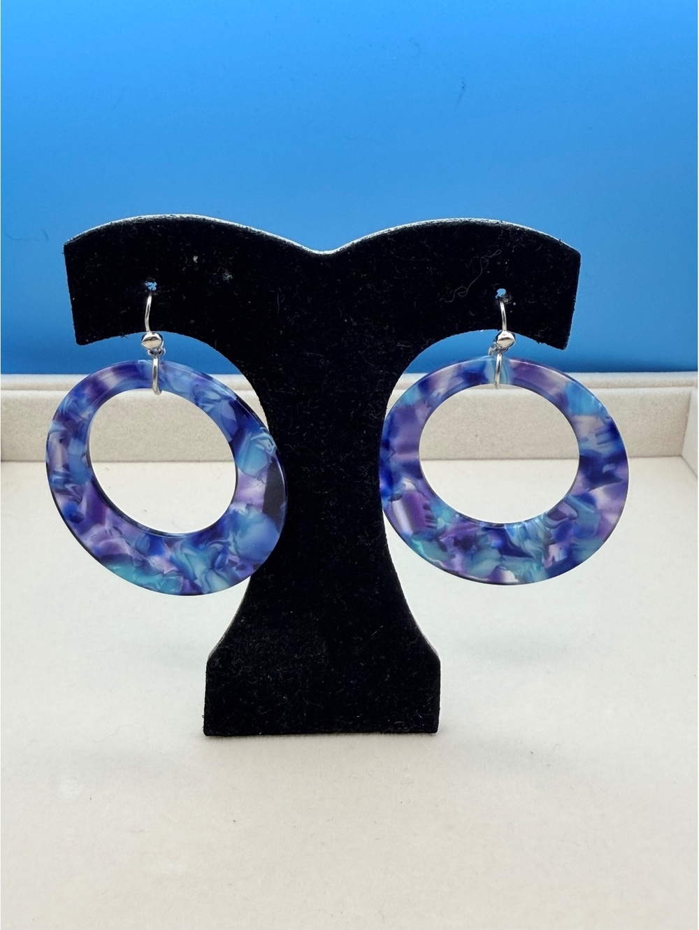 Blue purple resin circle drop earrings